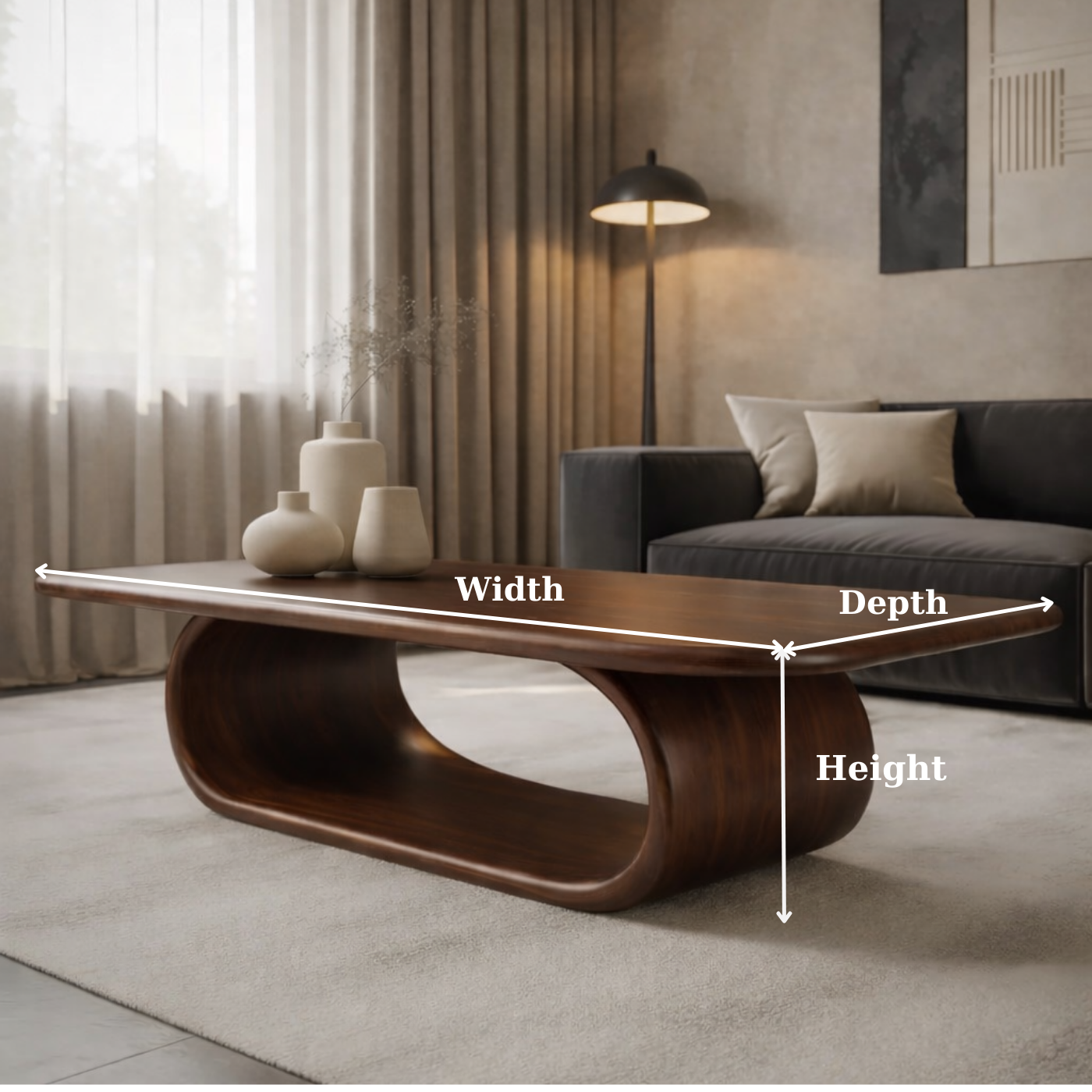 Sculptural Walnut Coffee Table with Curved Design and Open Shelf, Modern Living Room Décor - view 6 of 9