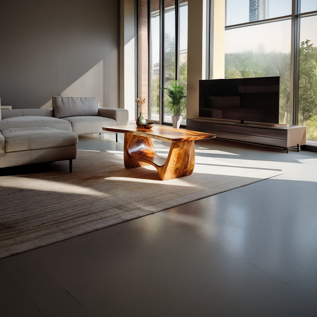 Sculptural Solid Wood Coffee Table with Flow Carved Base - view 6 of 7