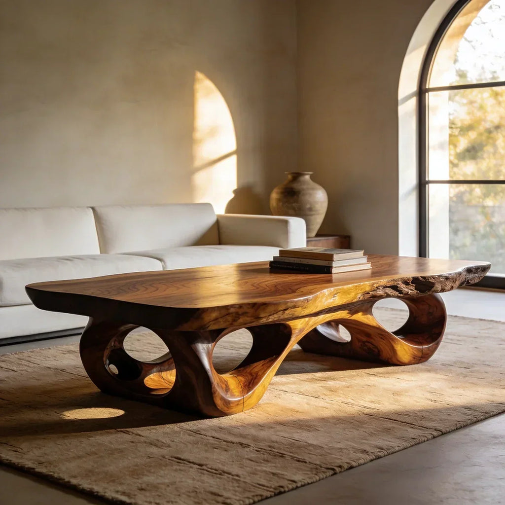 Sculptural Natural Wood Coffee Table with Organic Carved Base - view 1 of 7