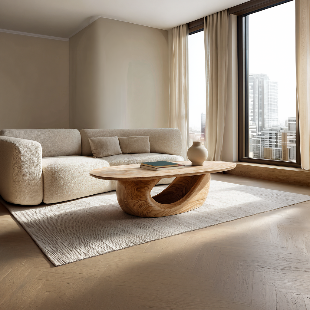 Sculptural Oval Coffee Table with Curved Base in Natural Wood - view 2 of 7
