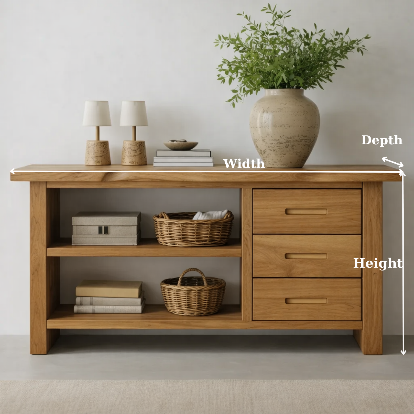 Solid Wood Console Table for Living Room with Open Shelves and Drawers - view 6 of 9