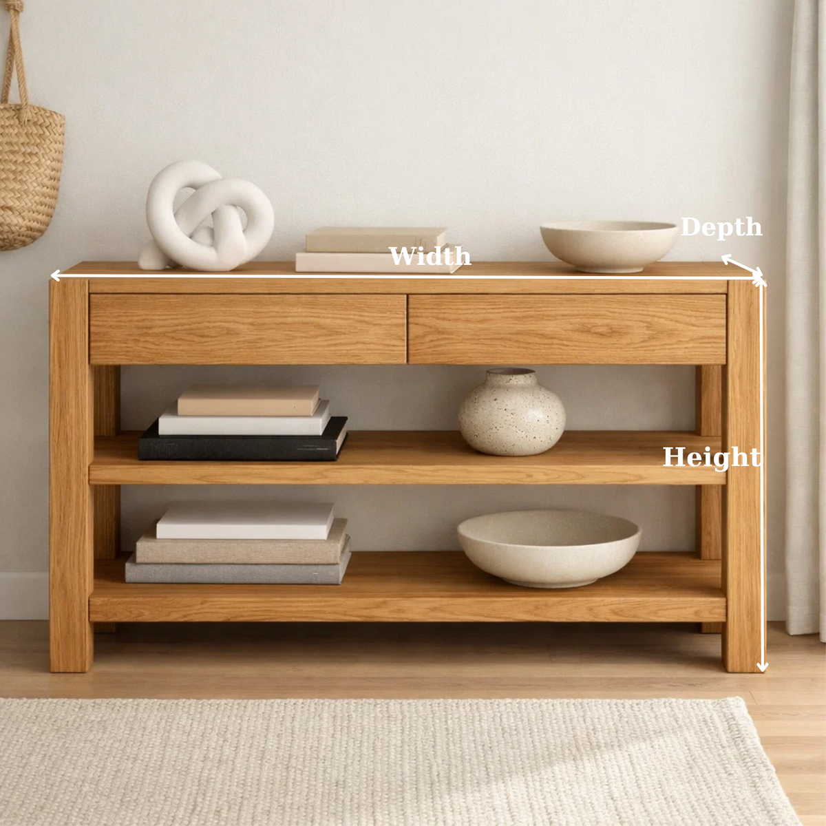 Solid Wood Console Table with Drawers and Shelves – Modern Oak Entryway Storage Table - view 6 of 9