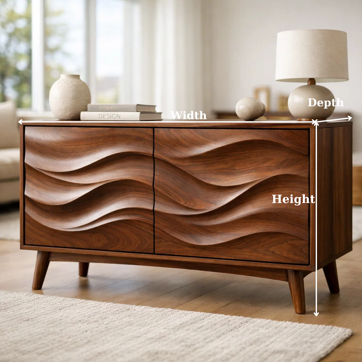 Solid Wood Console Table with Sculptural Wave Doors and Mid-Century Legs - view 6 of 9
