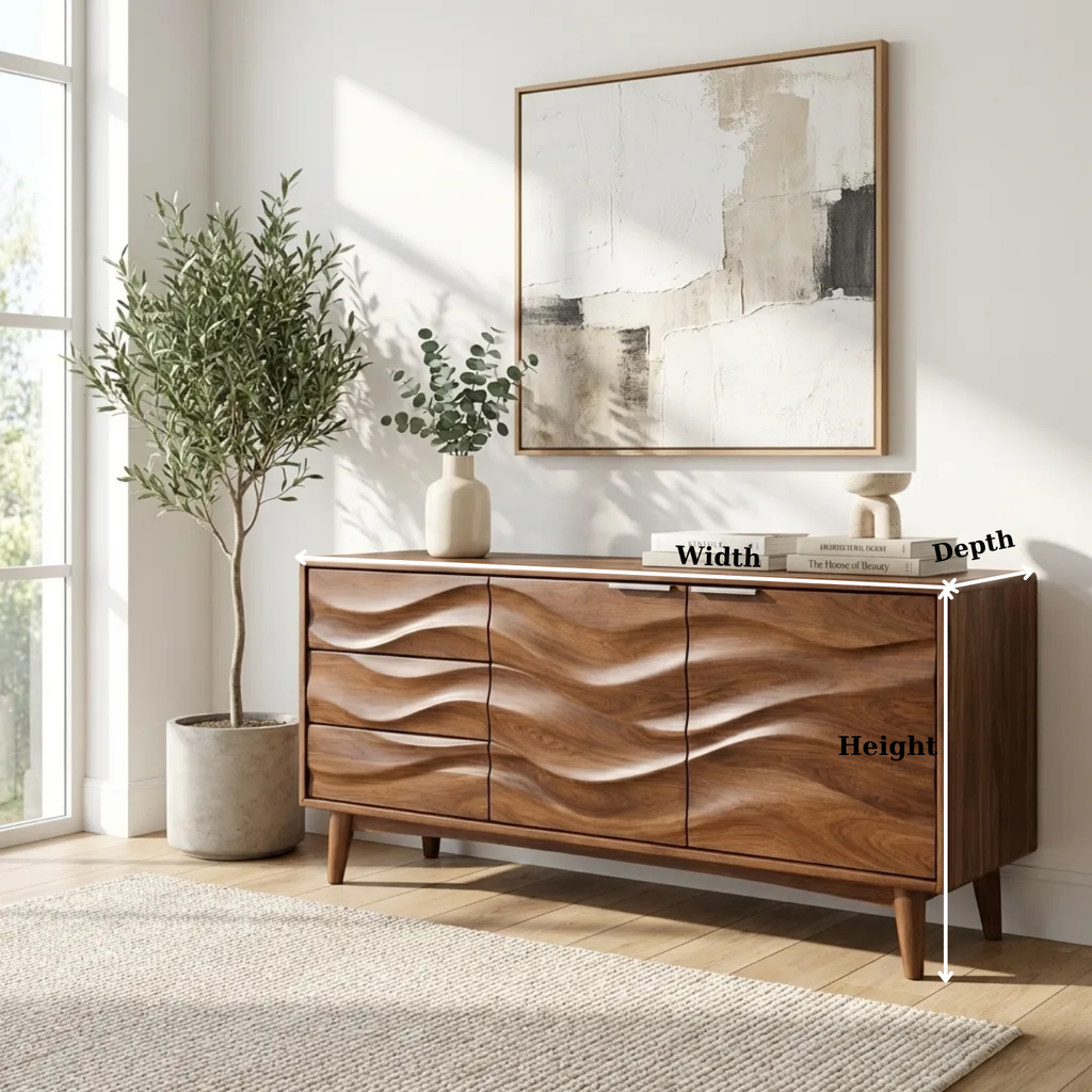 Solid Wood Console Table with Sculptural Wave Front Doors and Modern Storage Design - view 6 of 9