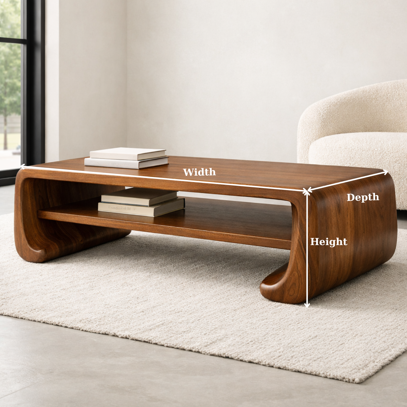 Handcrafted Solid Wood Sculptural Coffee Table with Open Shelf - view 6 of 9