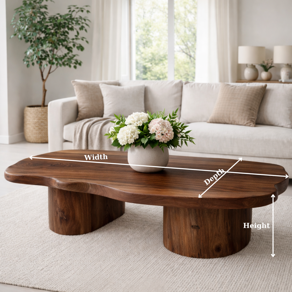 Solid Wood Coffee Table with Organic Shape & Dual Pedestal Base – Modern Rustic Design - view 6 of 9