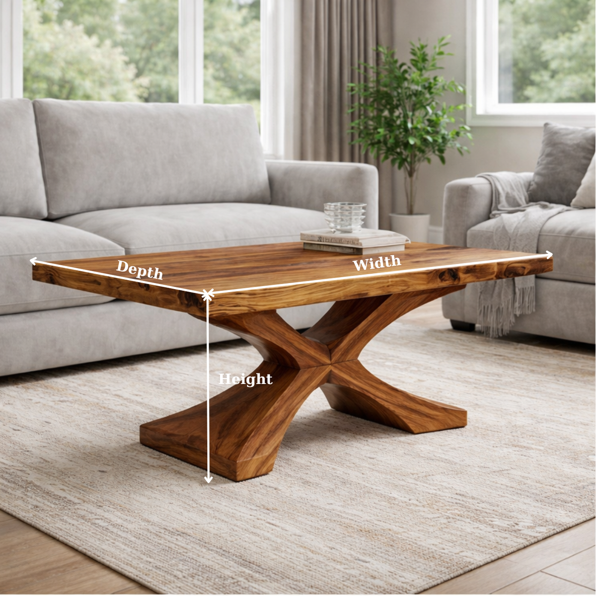 Solid Wood Coffee Table with Sculptural X Base – Modern Rustic Living Room Table - view 6 of 9