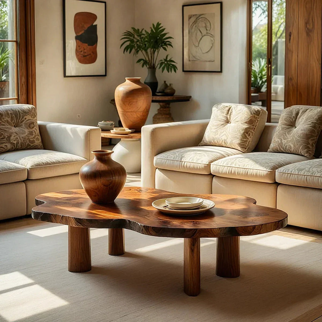 Organic Live Edge Natural Wood Coffee Table with Cylindrical Leg Base - view 1 of 7