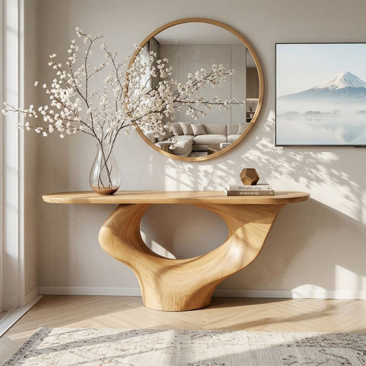 Solid Wood Console Table with Sculptural Base, Modern Minimalist Design - view 1 of 7