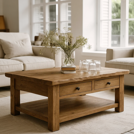 Handcrafted Solid Wood Coffee Table – Natural Slab Top with Two-Drawer Design - view 1 of 6