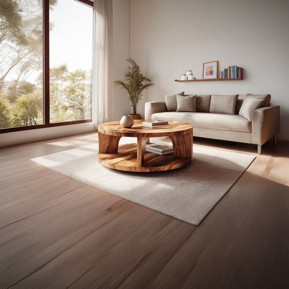 Round Solid Wood Coffee Table with Open Shelf Storage - view 6 of 7