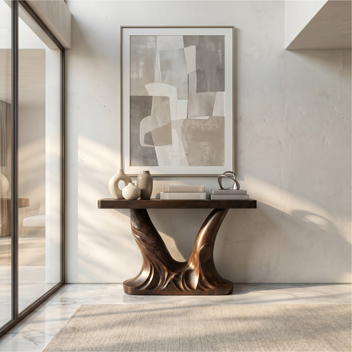 Organic Console Table With Sculptural Double Pedestal Base For Entryway - view 1 of 8