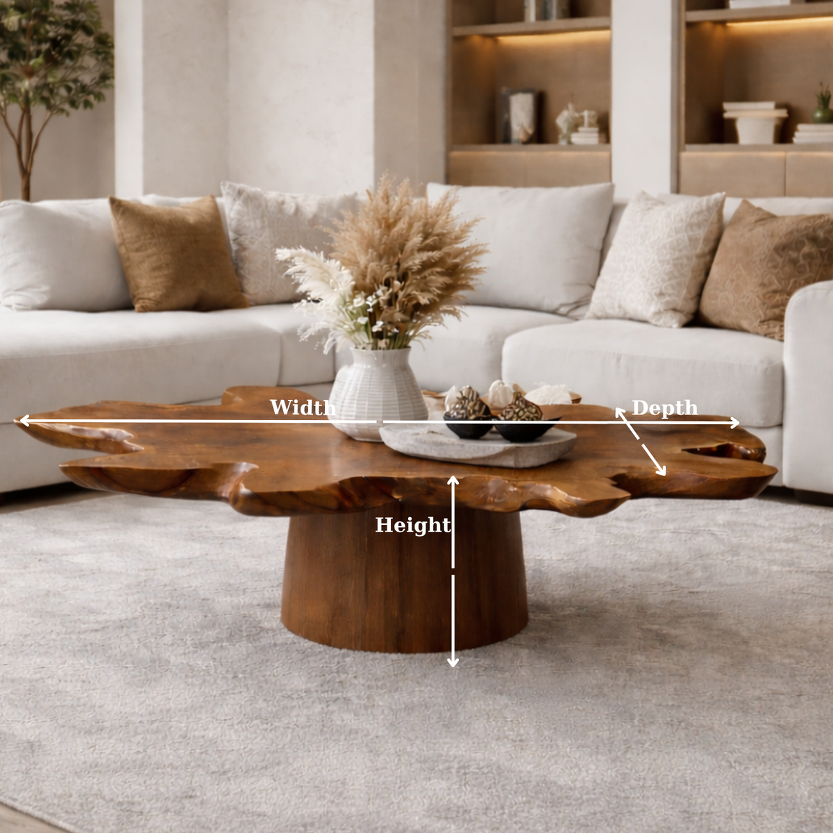 Solid Wood Live Edge Coffee Table with Thick Slab Top & Pedestal Base - view 6 of 9
