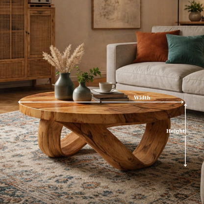 Round Solid Wood Coffee Table with Sculptural Curved Base in Warm Walnut Tone - view 6 of 9