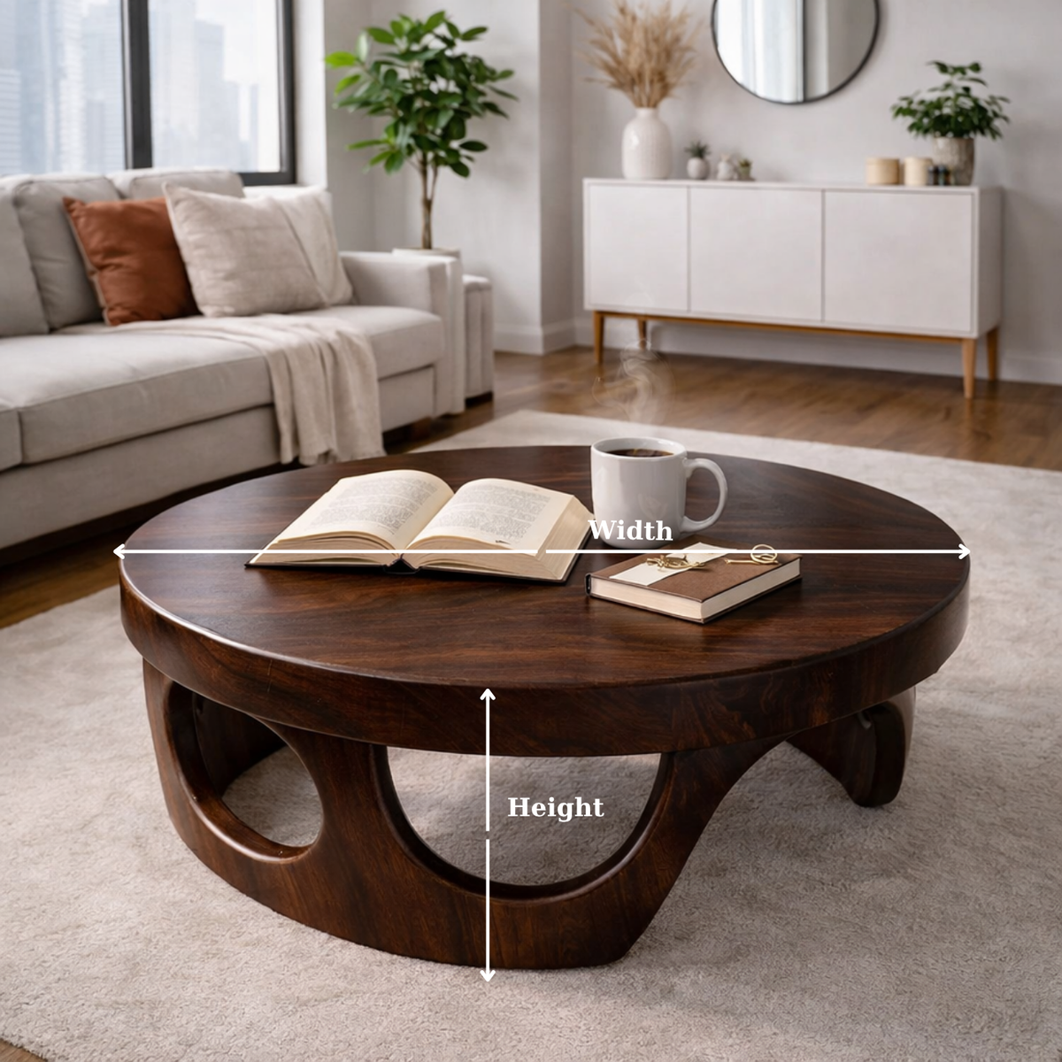 Round Solid Wood Coffee Table with Sculptural Base and Rich Walnut Finish - view 6 of 9