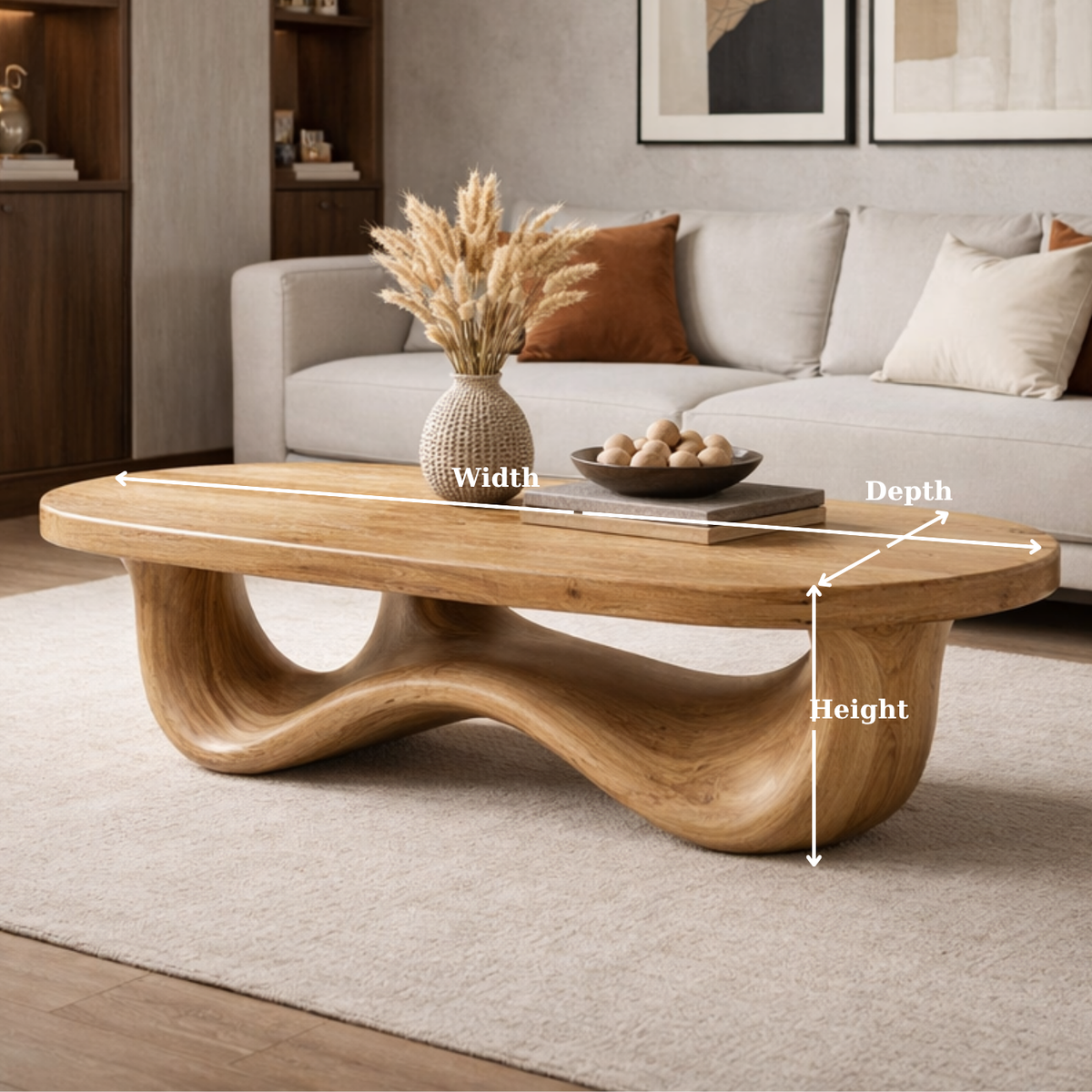 Solid Wood Oval Coffee Table with Sculptural Wave Base and Rustic Walnut Finish - view 6 of 9