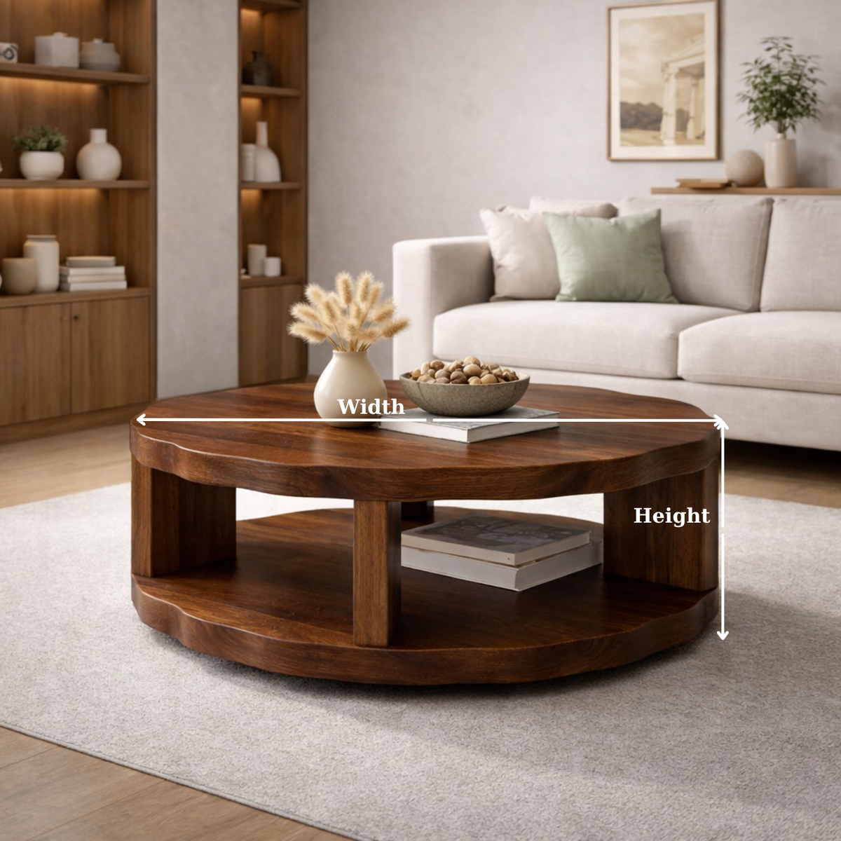 Round Solid Wood Coffee Table with Storage Shelf and Thick Slab Design - view 6 of 9
