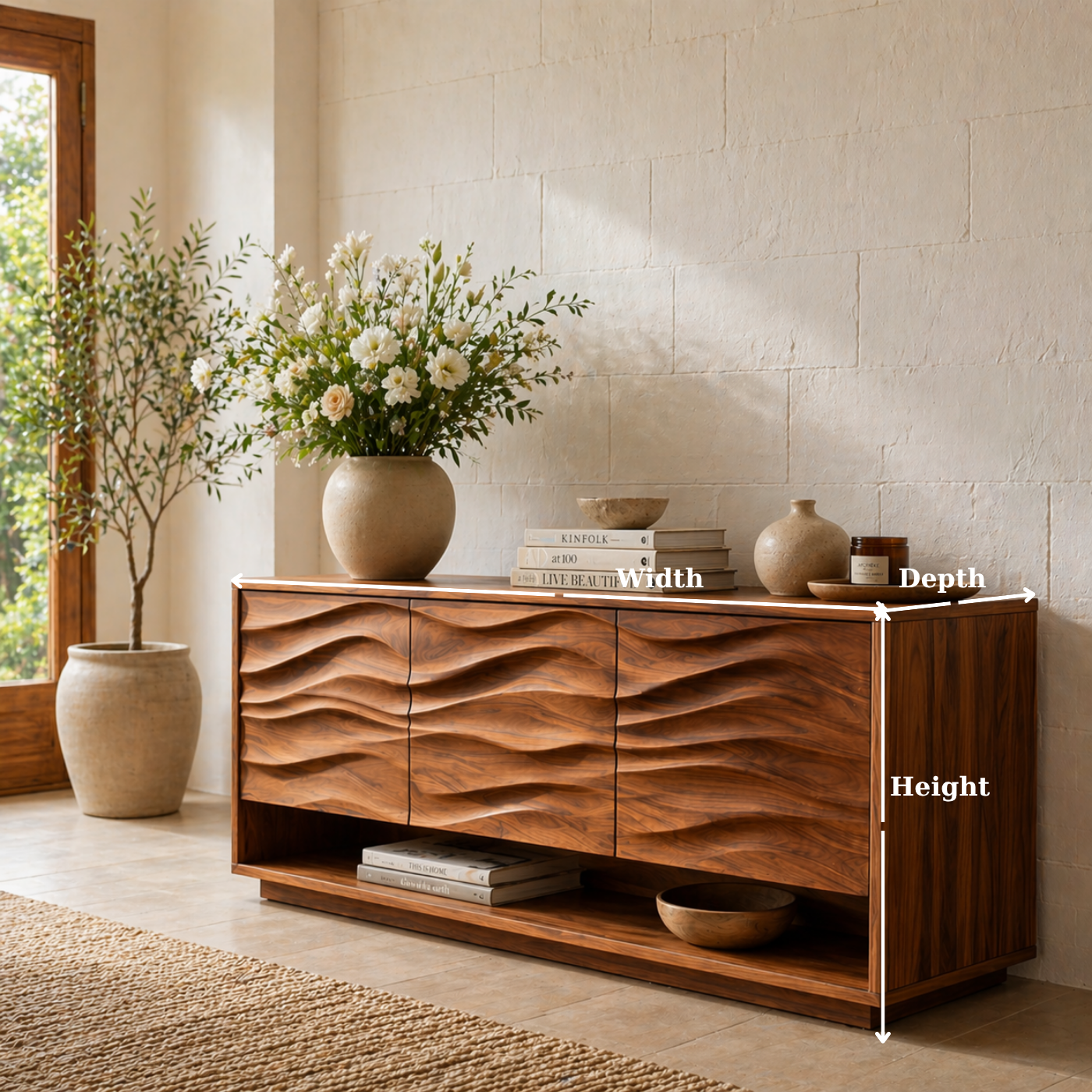Solid Wood Console Table with Wave Carved Doors and Open Shelf in Walnut Finish - view 6 of 9