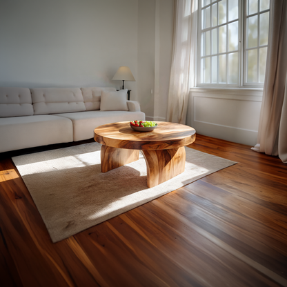 Round Solid Wood Coffee Table with Sculptural Block Base - view 6 of 7