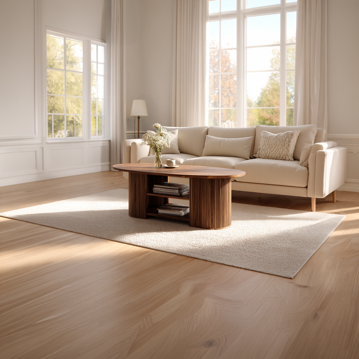 Oval Coffee Table with Fluted Base and Dual Shelf Storage - view 3 of 7