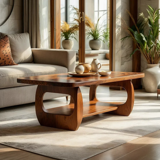 Natural Wood Coffee Table with Sculpted Open Frame Base and Shelf - view 1 of 7
