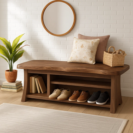 Handcrafted Solid Wood Walnut Bench – Organic Design with Integrated Shelving - view 1 of 6
