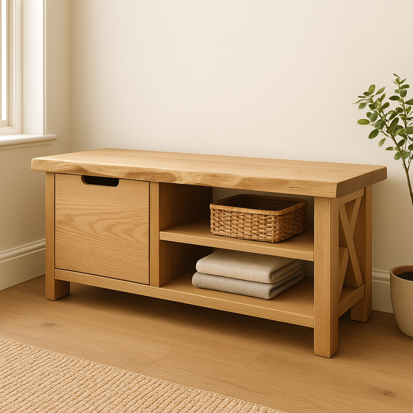 Handcrafted Solid Wood Bench – Modern Rustic Seating with X-Accent and Storage - view 1 of 6