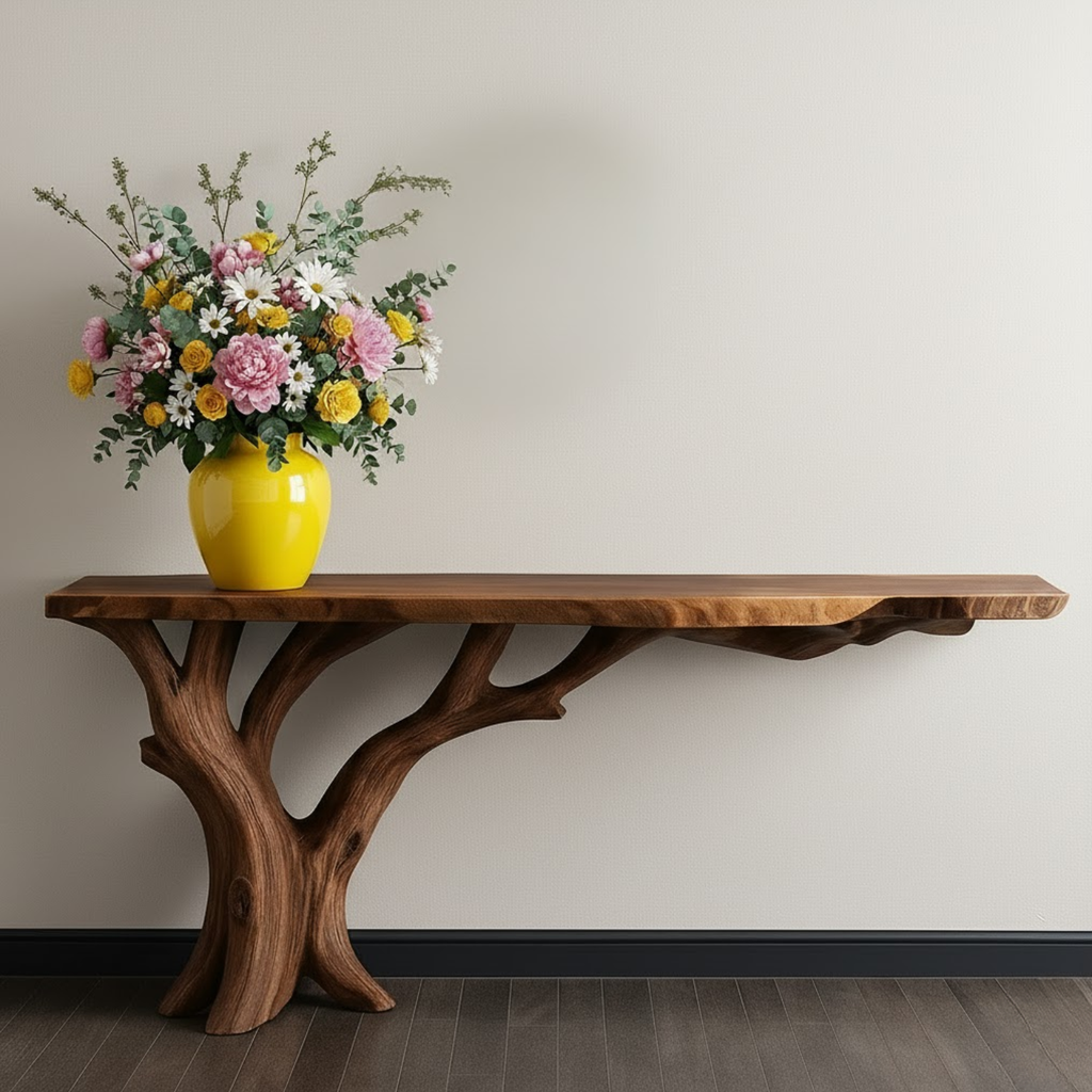 Handcrafted Solid Wood Console Table with Organic Branch Base and Live Edge Top - view 1 of 5