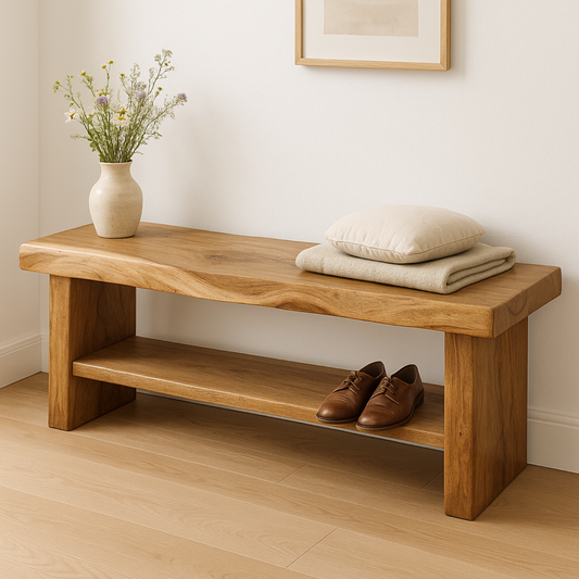 Handcrafted Solid Wood Bench – Live Edge Entryway Seating with Storage Shelf - view 1 of 5