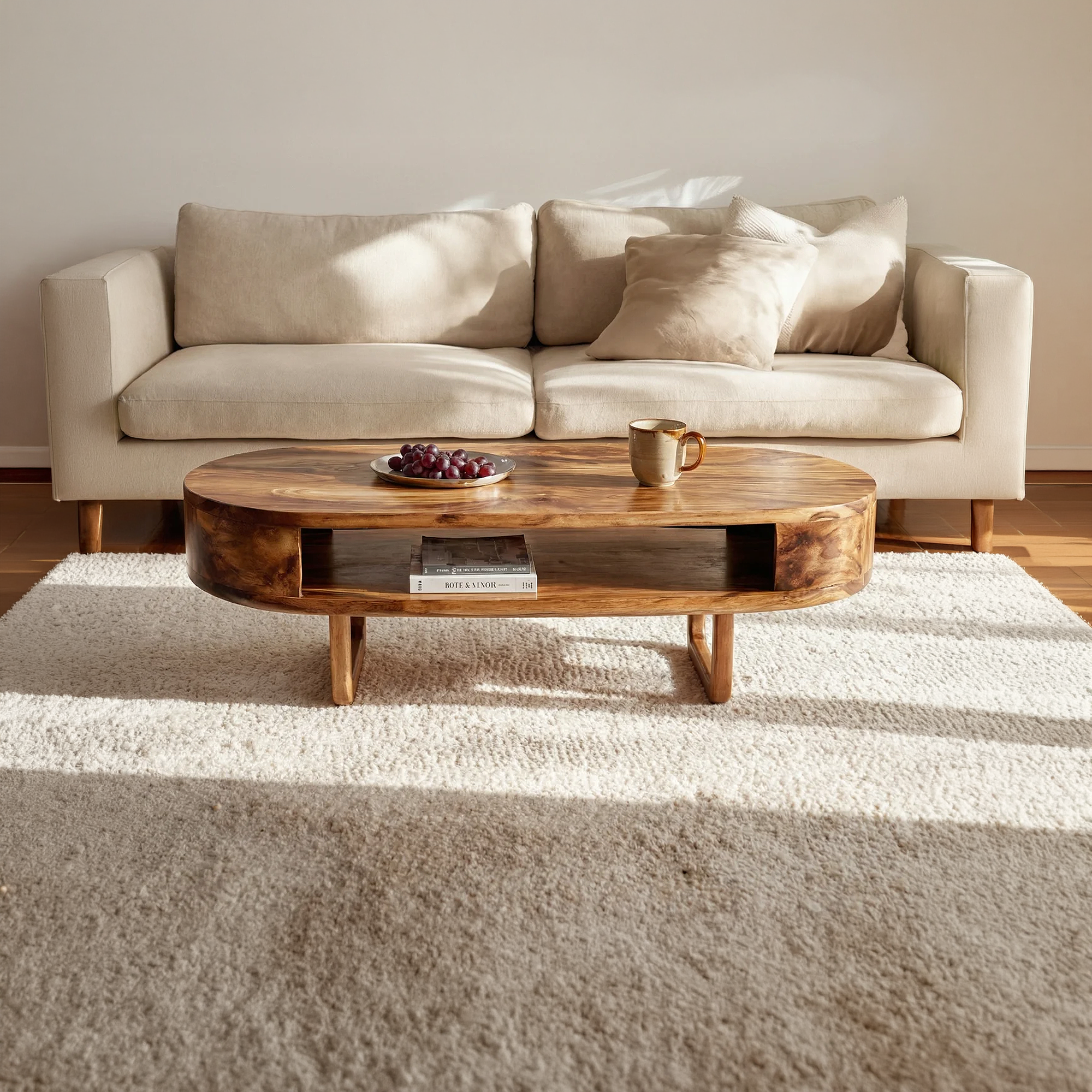 Solid Wood Oval Coffee Table with Shelf  Modern Natural Wood Living Room Table - view 3 of 6