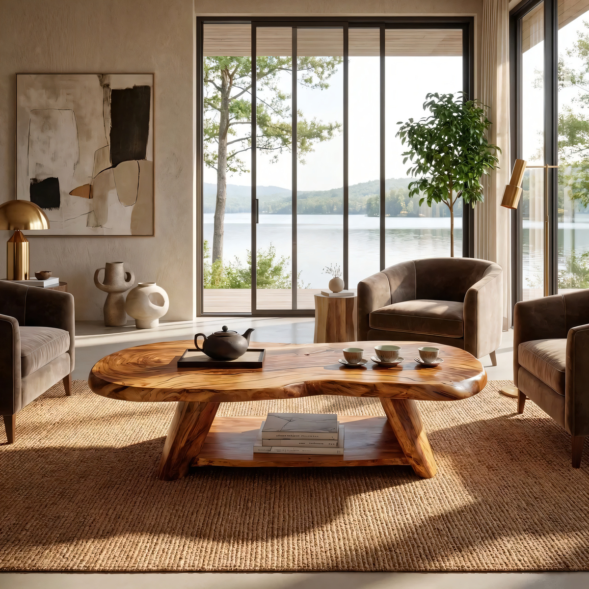 Live Edge Solid Wood Coffee Table Organic Shape Natural Wood Tea Table with Shelf - view 3 of 7