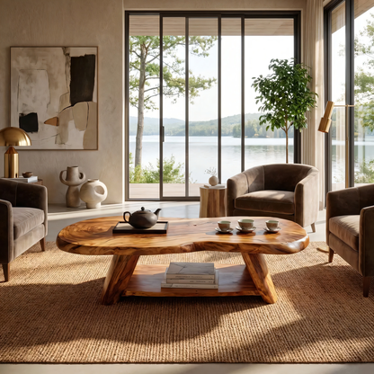 Live Edge Solid Wood Coffee Table Organic Shape Natural Wood Tea Table with Shelf - view 3 of 7