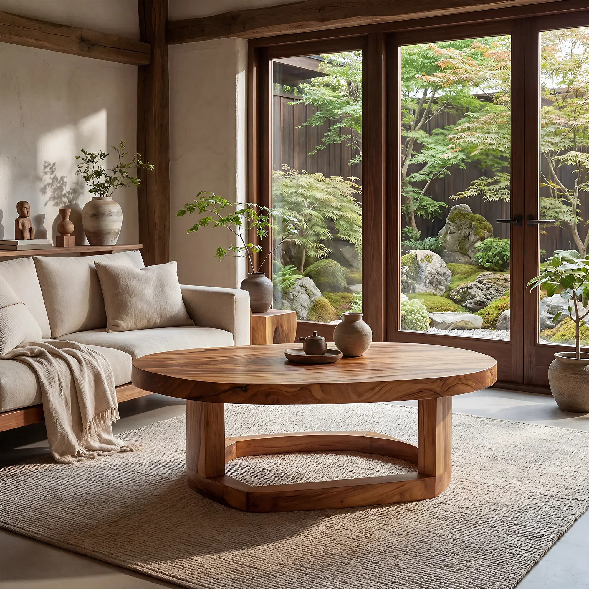 Solid Wood Oval Coffee Table handcrafted Natural Wood Living Room Table with Sculptural Base - view 4 of 7
