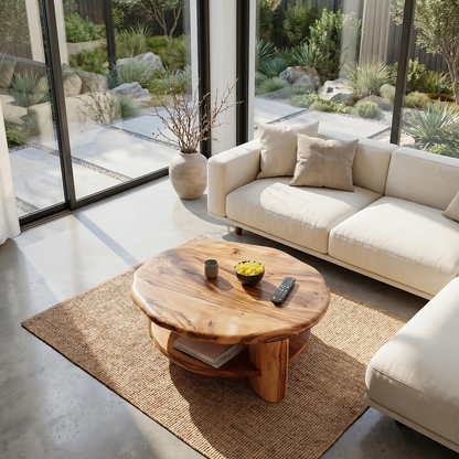 Round Solid Wood Coffee Table with Shelf Handcrafted Natural Wood Living Room Table - view 4 of 7
