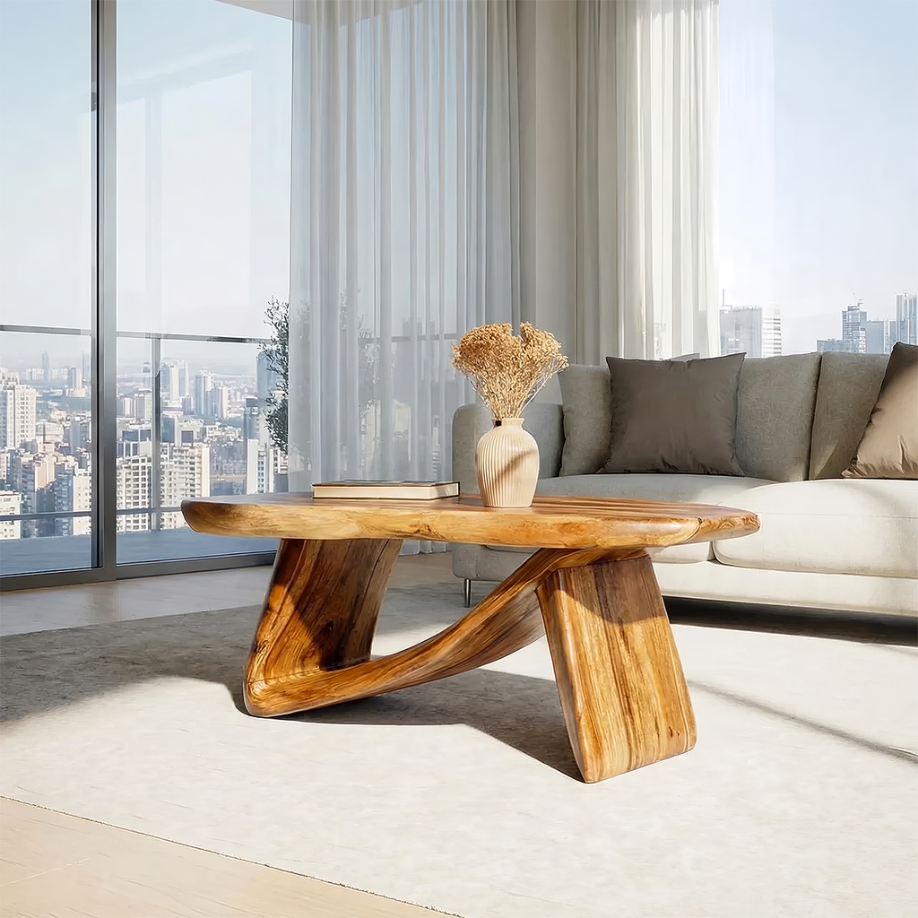 Sculptural Solid Wood Coffee Table Handcrafted Natural Wood Modern Center Table - view 3 of 7
