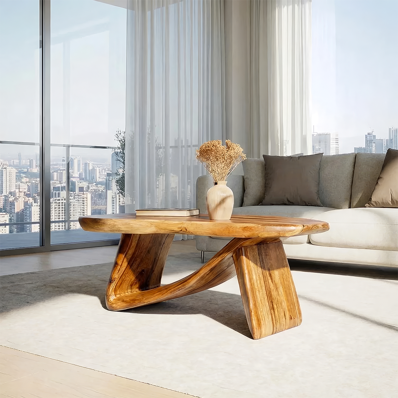 Sculptural Solid Wood Coffee Table Handcrafted Natural Wood Modern Center Table - view 3 of 7