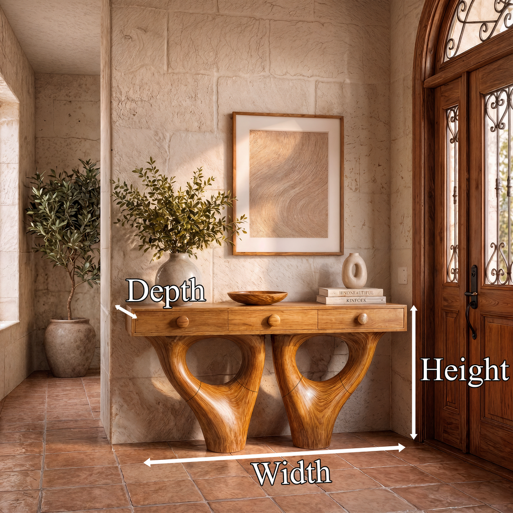 Rustic Console Table With Sculptural Double Pedestal Wood Base And Solid Wood Top For Entryway And Living Room - view 8 of 8