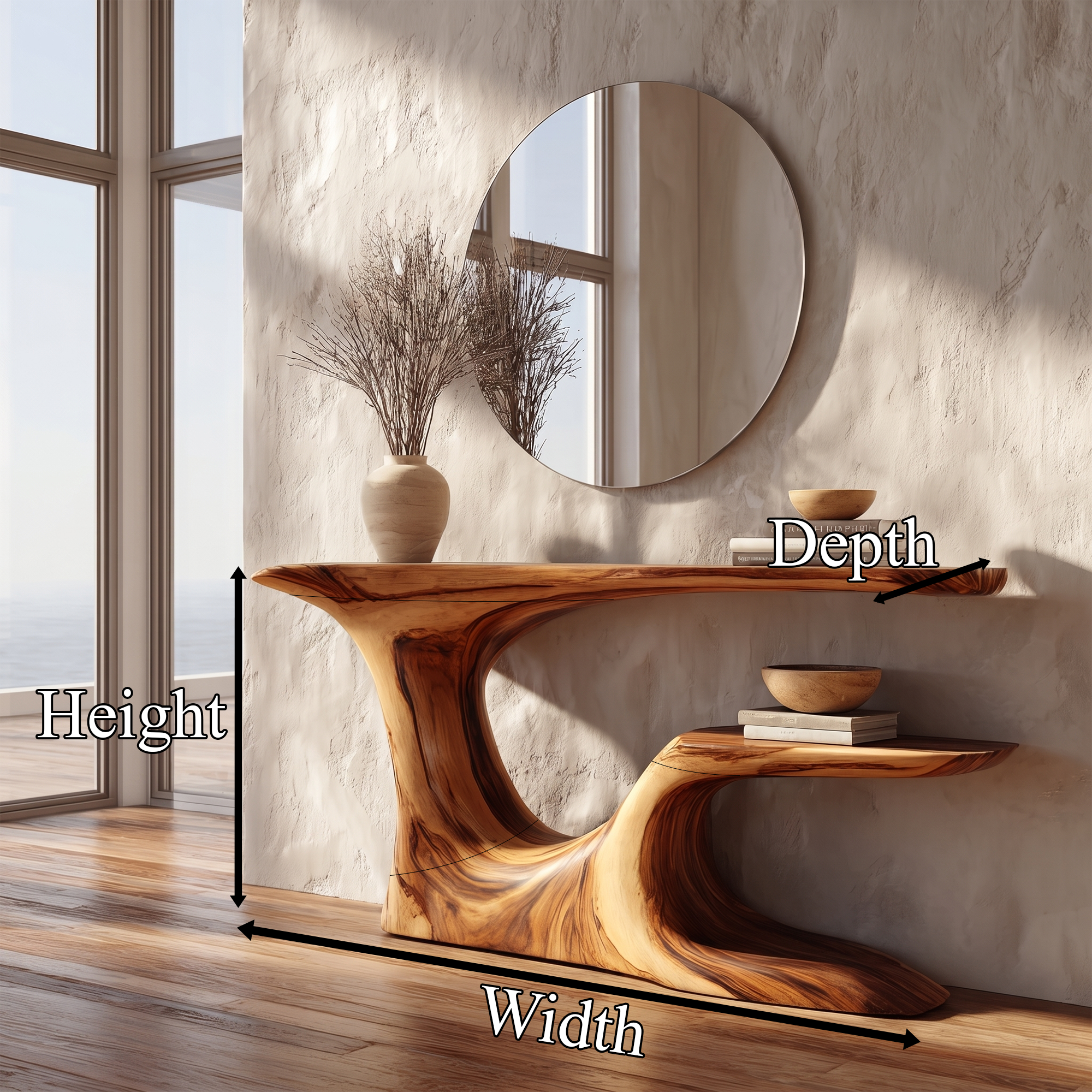 Rustic Organic Console Table With Live Edge Top And Sculptural Solid Wood Base For Entryway - view 8 of 8