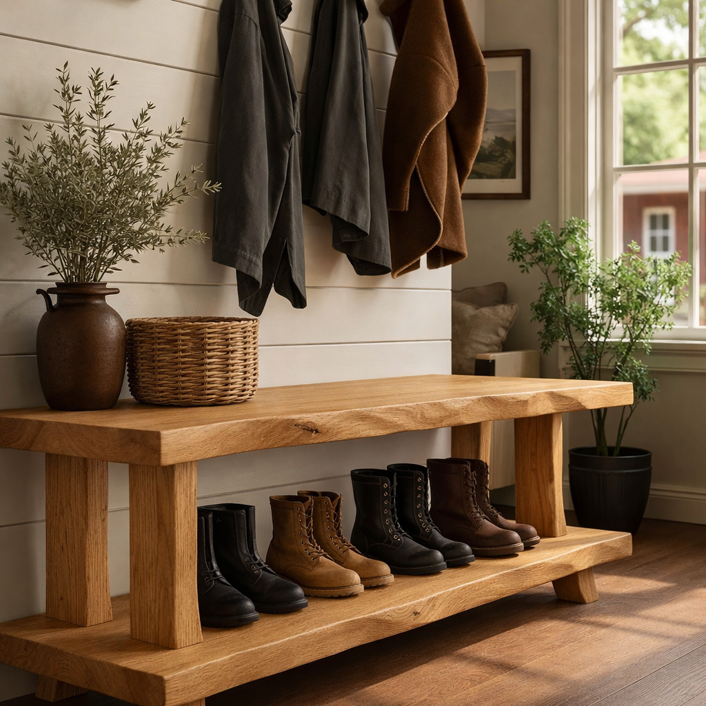 Solid Wood Entryway Bench with Shoe Storage Shelf Rustic Farmhouse Hallway Bench - view 3 of 7