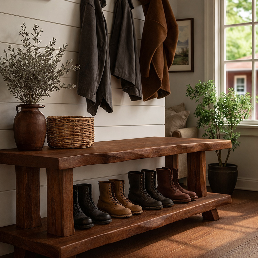 Solid Wood Entryway Bench with Shoe Storage Shelf Rustic Farmhouse Hallway Bench - view 1 of 7