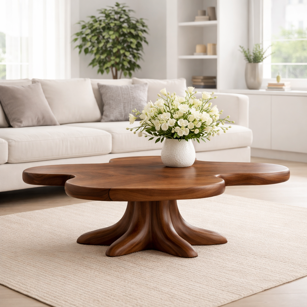Solid Wood Coffee Table with Sculpted Flower Silhouette and Root Base - view 3 of 9