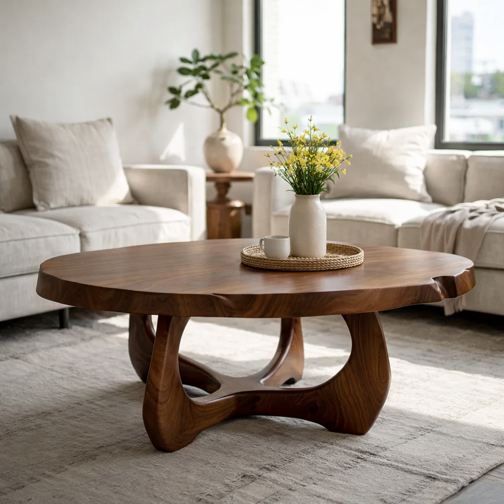 Modern Round Solid Wood Coffee Table with Sculptural Pedestal Base - view 1 of 9