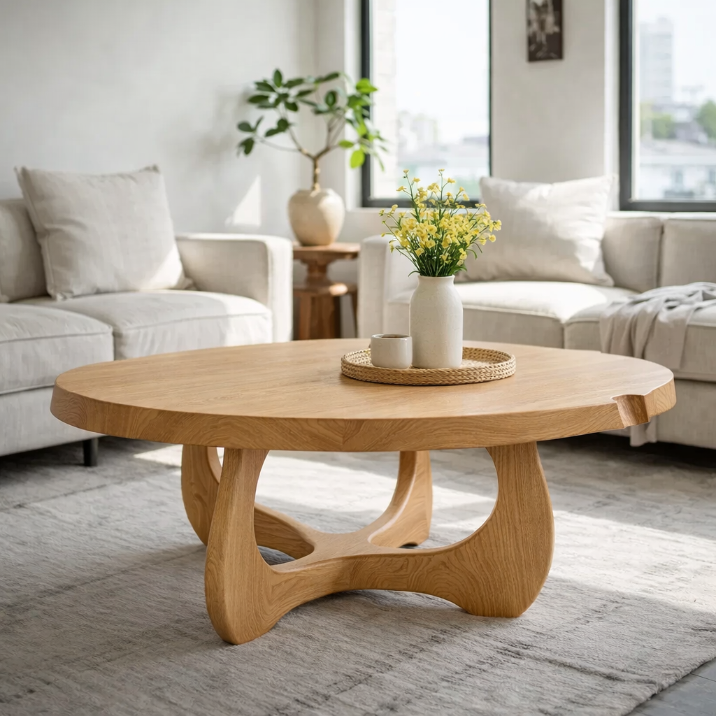 Modern Round Solid Wood Coffee Table with Sculptural Pedestal Base - view 5 of 9