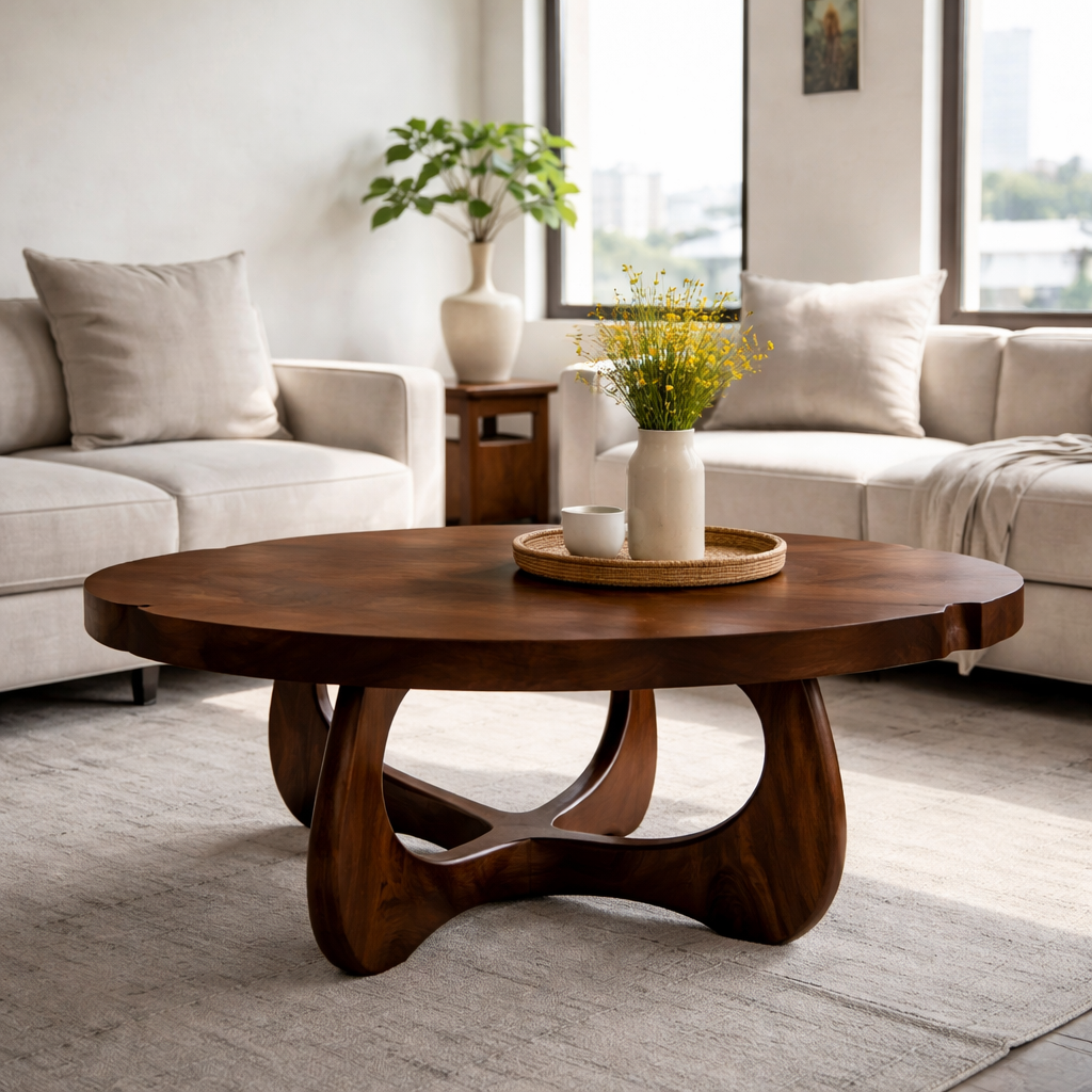 Modern Round Solid Wood Coffee Table with Sculptural Pedestal Base - view 4 of 9