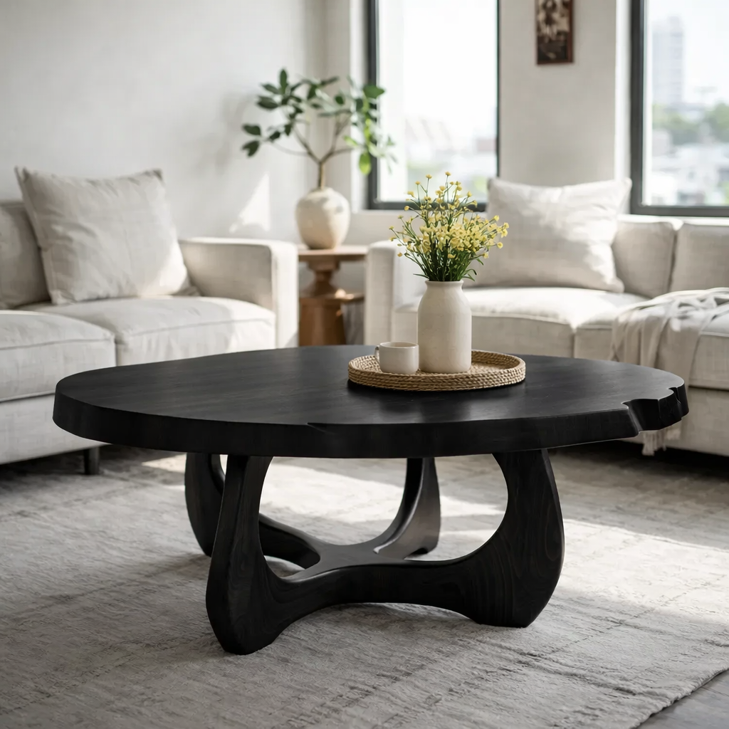 Modern Round Solid Wood Coffee Table with Sculptural Pedestal Base - view 3 of 9