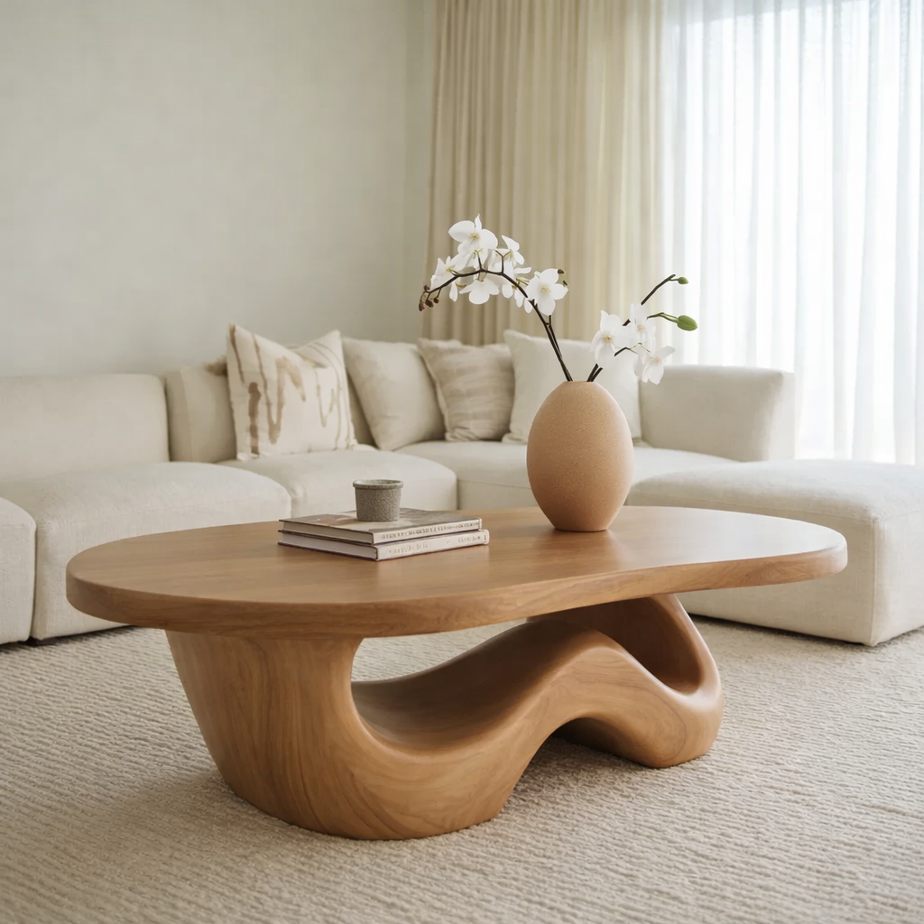 Solid Wood Coffee Table with Sculpted Organic Wave Base - view 5 of 9