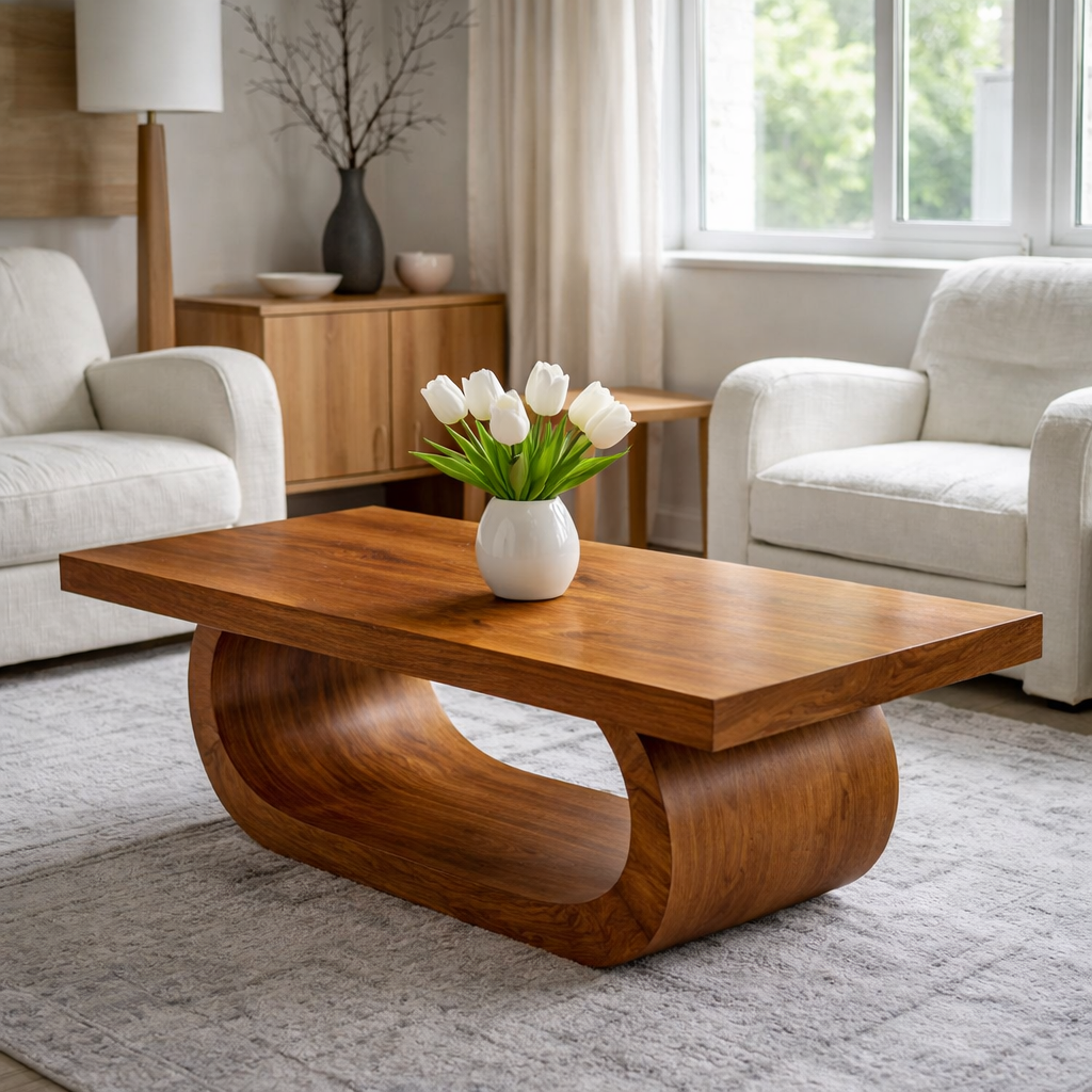 Solid Wood Coffee Table for Living Room with Curved Sculptural Base - view 3 of 9