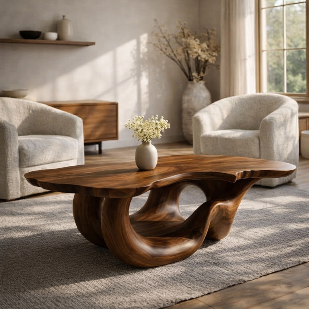 Solid Wood Live Edge Coffee Table for Modern Living Space with Sculptural Base - view 3 of 9