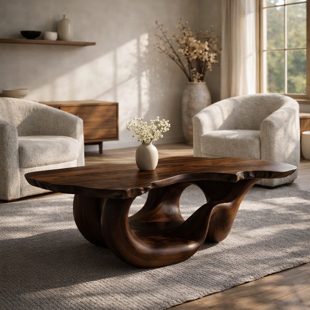 Solid Wood Live Edge Coffee Table for Modern Living Space with Sculptural Base - view 5 of 9