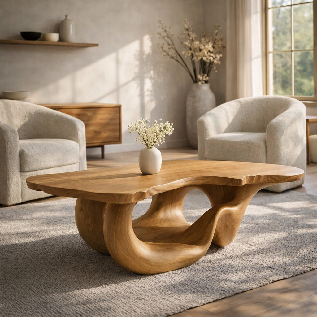 Solid Wood Live Edge Coffee Table for Modern Living Space with Sculptural Base - view 1 of 9